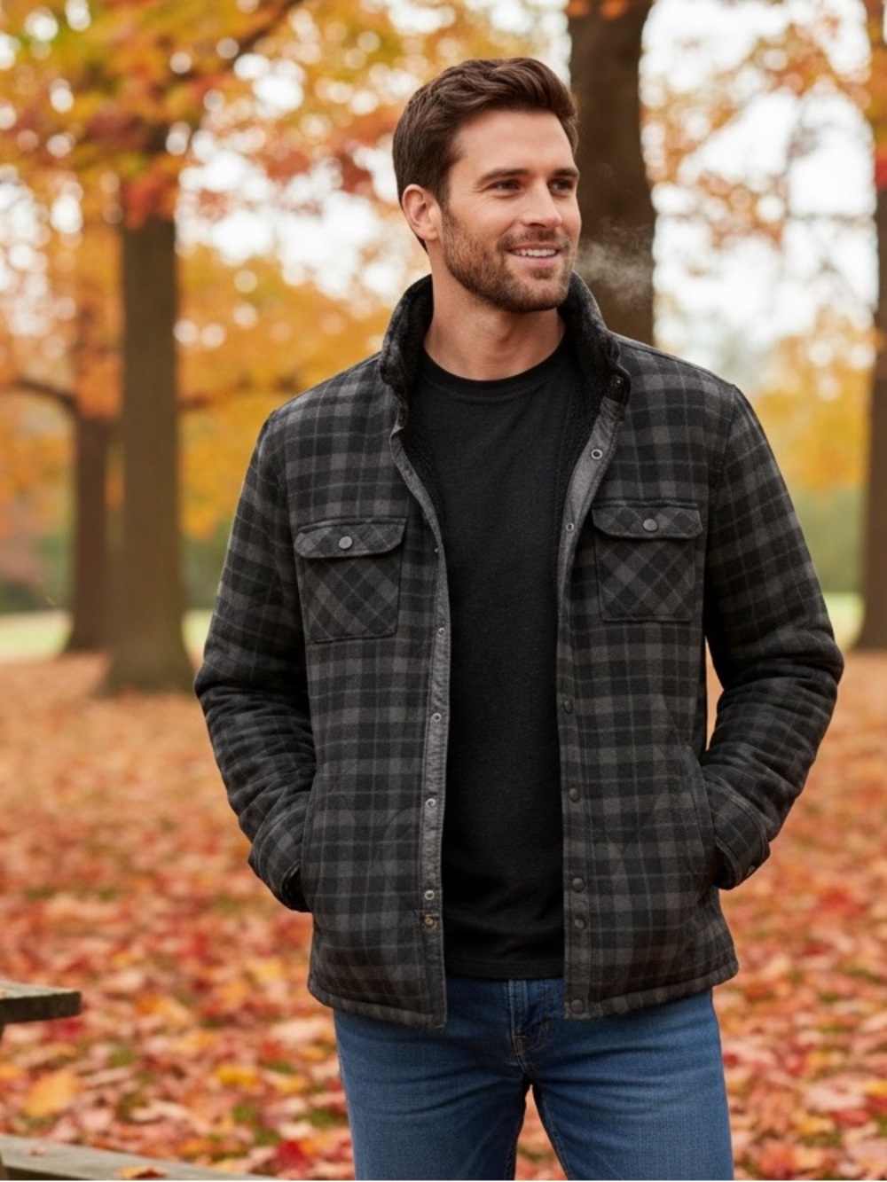 Voyager Sherpa Lined Plaid Fleece Shirt Jacket Shacket Gray Black Men's M